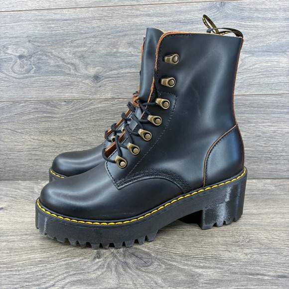 Dr Martens Leona Platform Lace Up Heeled Boots Women's US 9 Black Leather - Picture 1 of 9